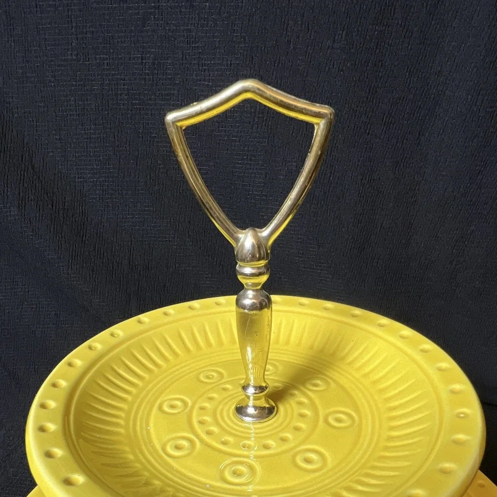 Vintage CALIF USA Yellow 2-Tier Serving Tray MCM Tidbit Serving Tray Metal